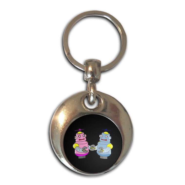 Black Robot Couple - Round Metal Key Ring