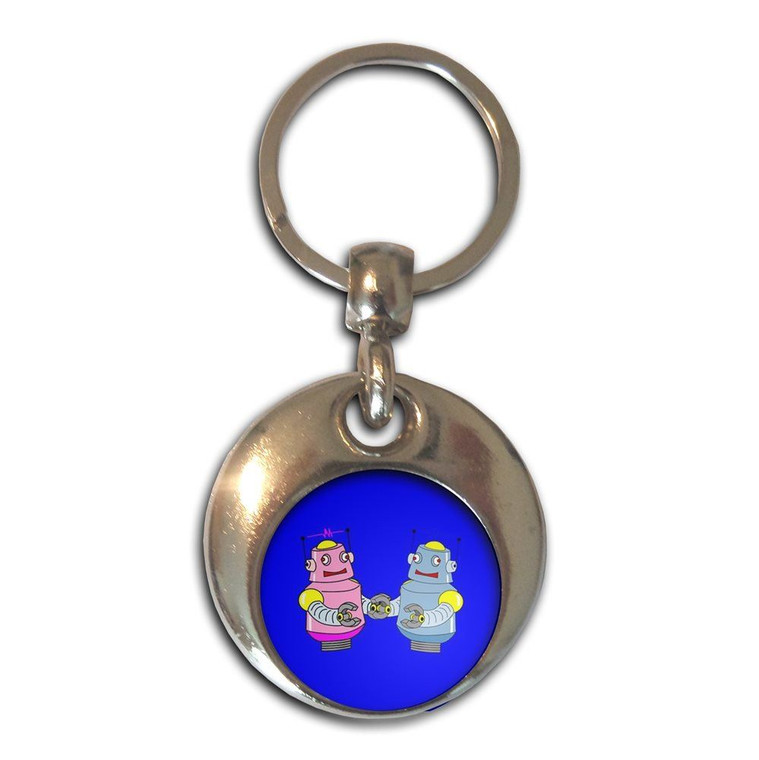 Blue Robot Couple - Round Metal Key Ring
