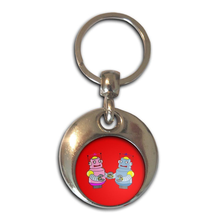 Red Robot Couple - Round Metal Key Ring
