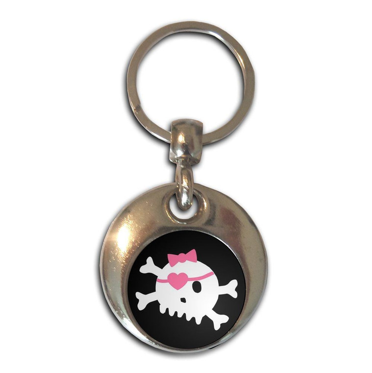 Black Skull with Bow - Round Metal Key Ring