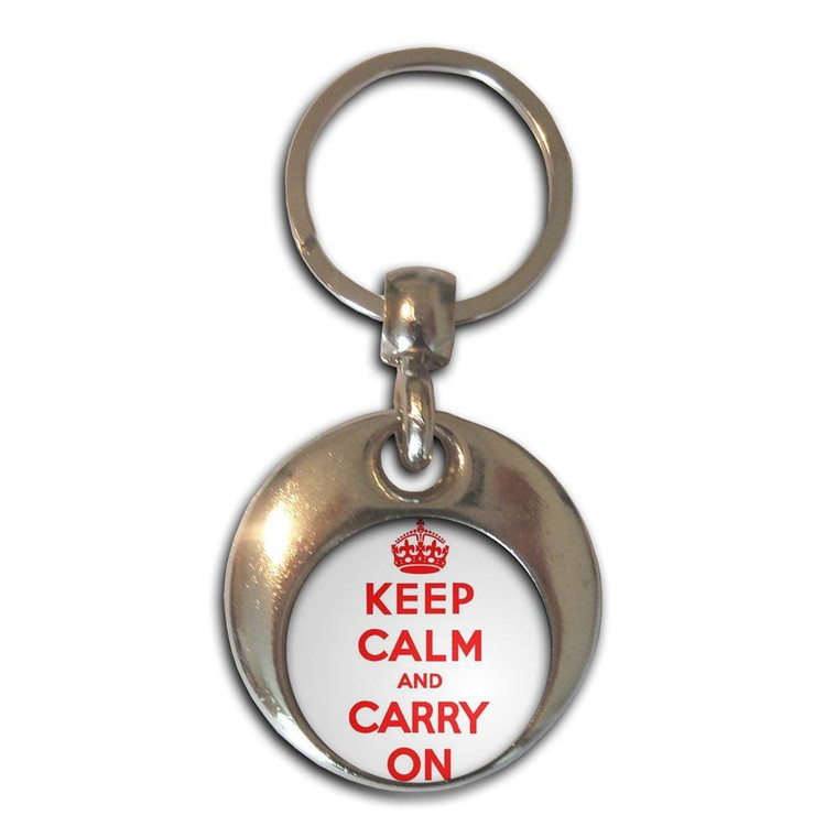 White Red Keep Calm and Carry On - Round Metal Key Ring