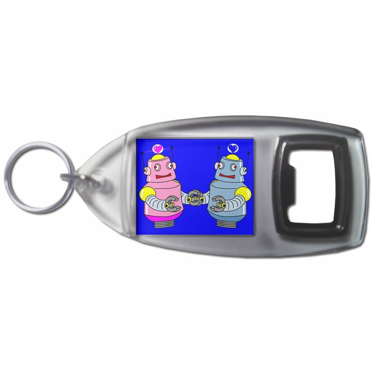 Blue Robot Couple - Plastic Key Ring Bottle Opener