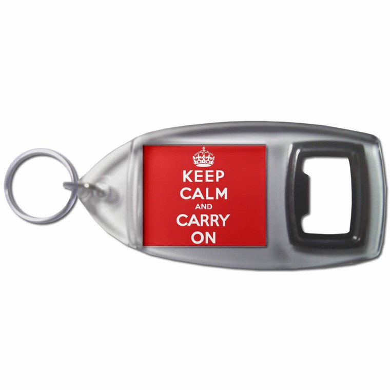 Red Keep Calm and Carry On - Plastic Key Ring Bottle Opener