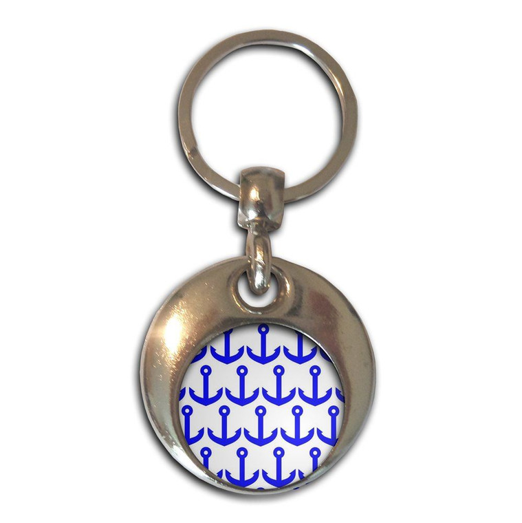 Anchor Blue Pattern - Round Metal Key Ring