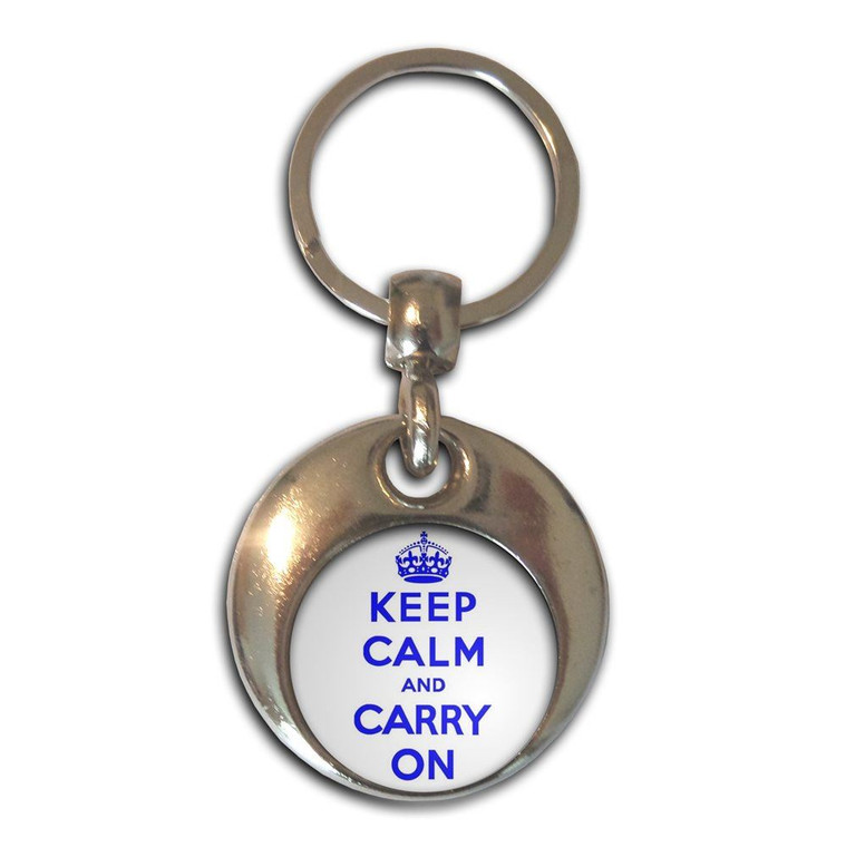 White Blue Keep Calm and Carry On - Round Metal Key Ring