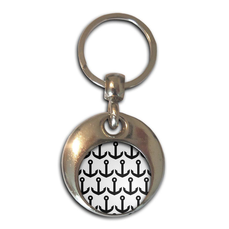 Anchor Black Pattern - Round Metal Key Ring