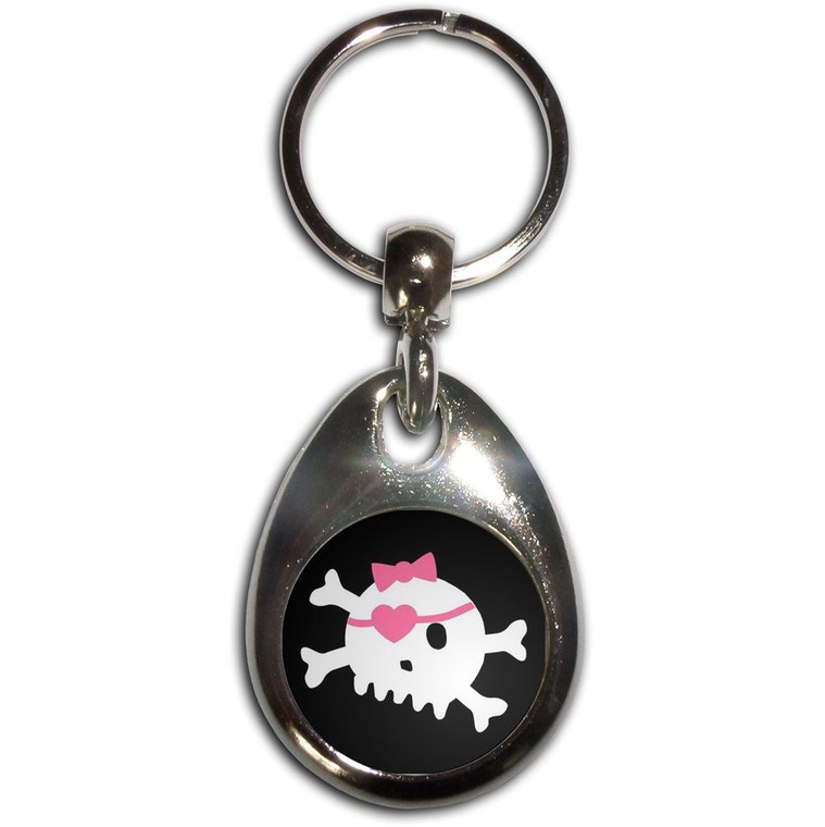 Black Skull with Bow - Tear Drop Metal Key Ring