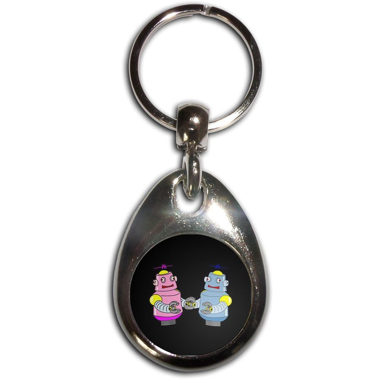 Black Robot Couple - Tear Drop Metal Key Ring