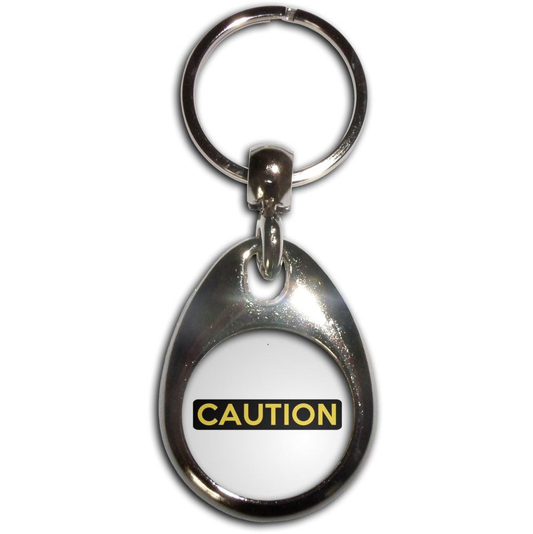 Caution - Tear Drop Metal Key Ring