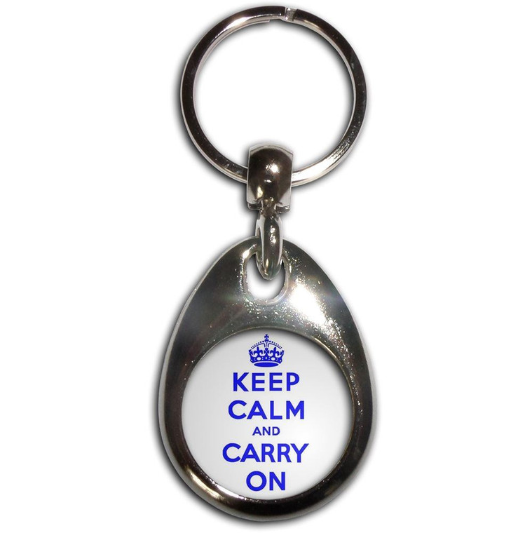 White Blue Keep Calm and Carry On - Tear Drop Metal Key Ring