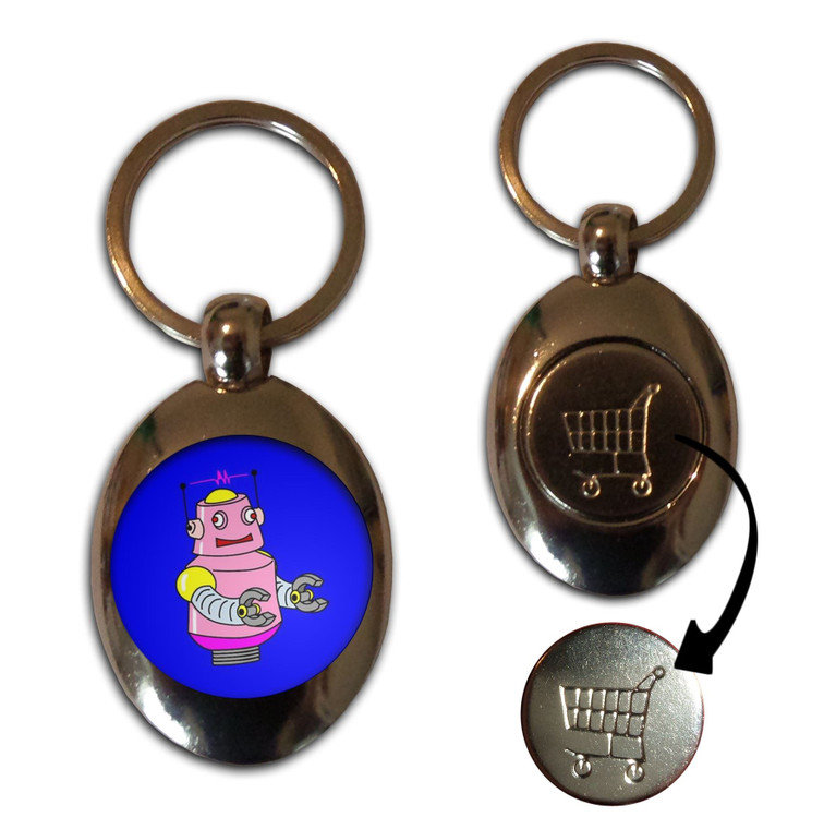 Blue Girl Robot - Silver £1/€1 Shopping Key Ring