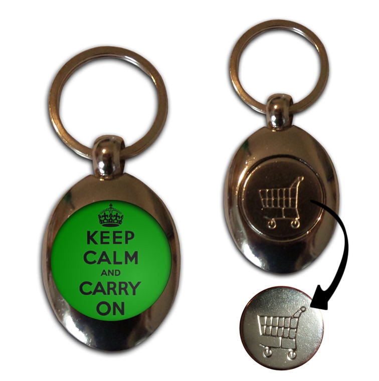 Green Keep Calm and Carry On - Silver £1/€1 Shopping Key Ring