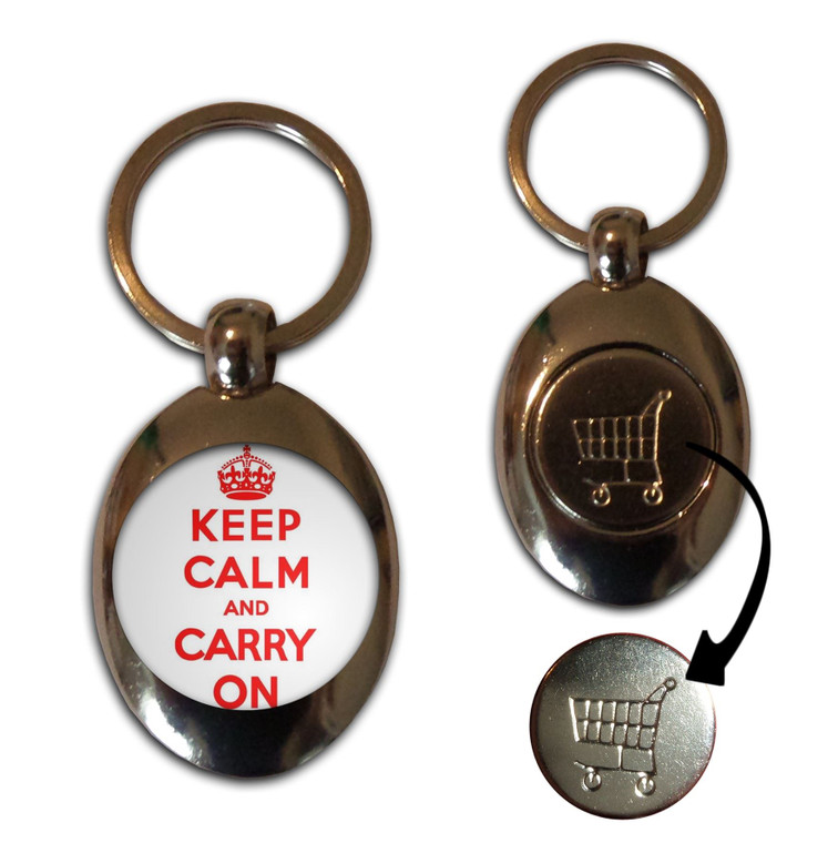 White Red Keep Calm and Carry On - Silver £1/€1 Shopping Key Ring