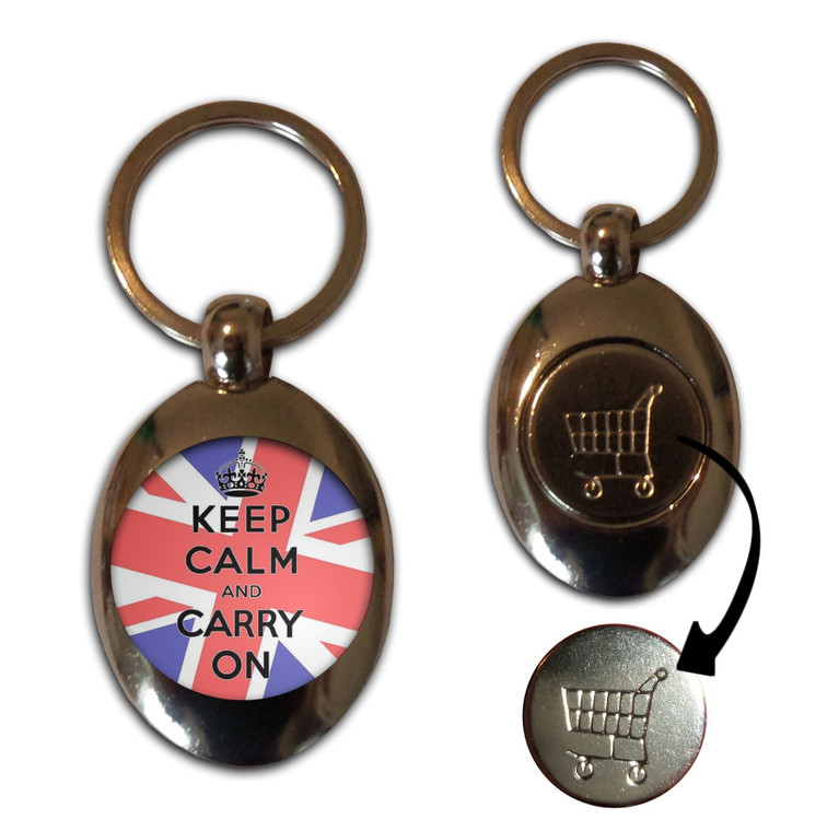 UK Keep Calm and Carry On - Silver £1/€1 Shopping Key Ring