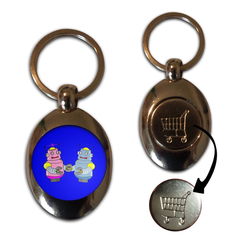 Blue Robot Couple - Silver £1/€1 Shopping Key Ring