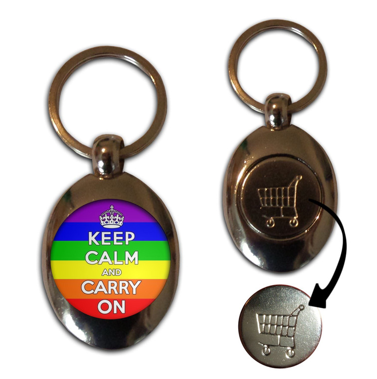 Gay Flag Keep Calm and Carry On - Silver £1/€1 Shopping Key Ring