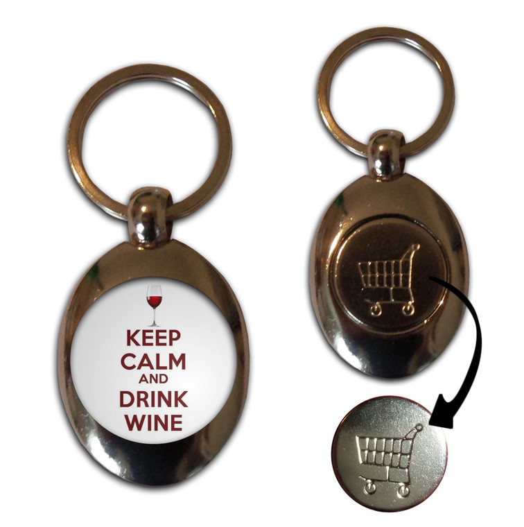 Keep Calm and Drink Wine - Silver £1/€1 Shopping Key Ring