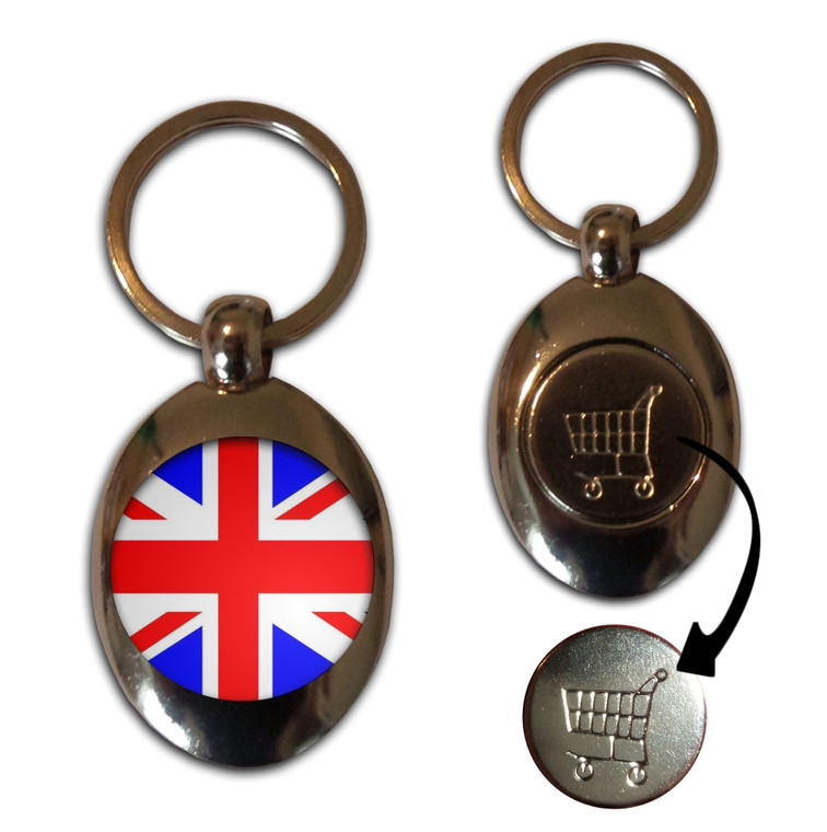 Union Jack UK Flag - Silver £1/€1 Shopping Key Ring