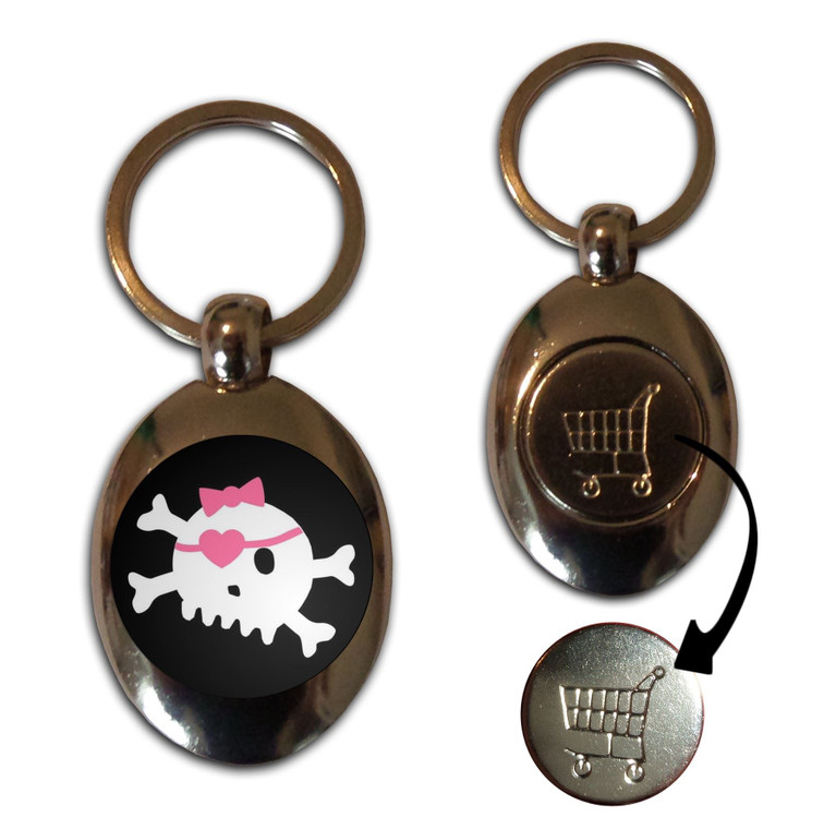 Black Skull with Bow - Silver £1/€1 Shopping Key Ring
