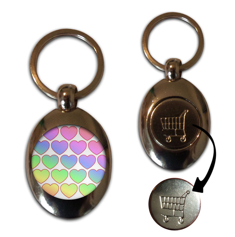 Rainbow Heart Pattern - Silver £1/€1 Shopping Key Ring