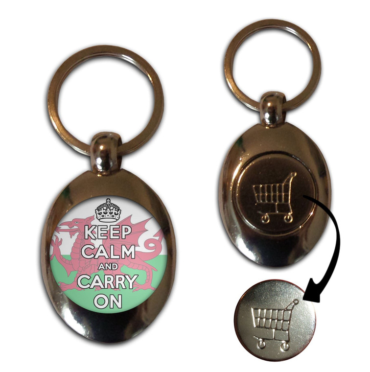 Wales Flag Keep Calm and Carry On - Silver £1/€1 Shopping Key Ring