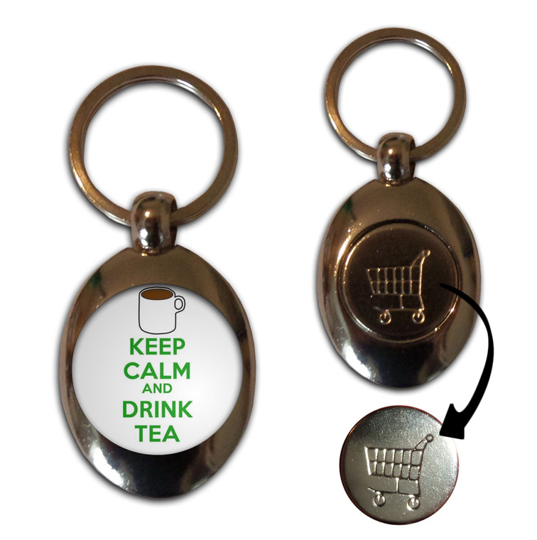 Keep Calm and Drink Tea - Silver £1/€1 Shopping Key Ring