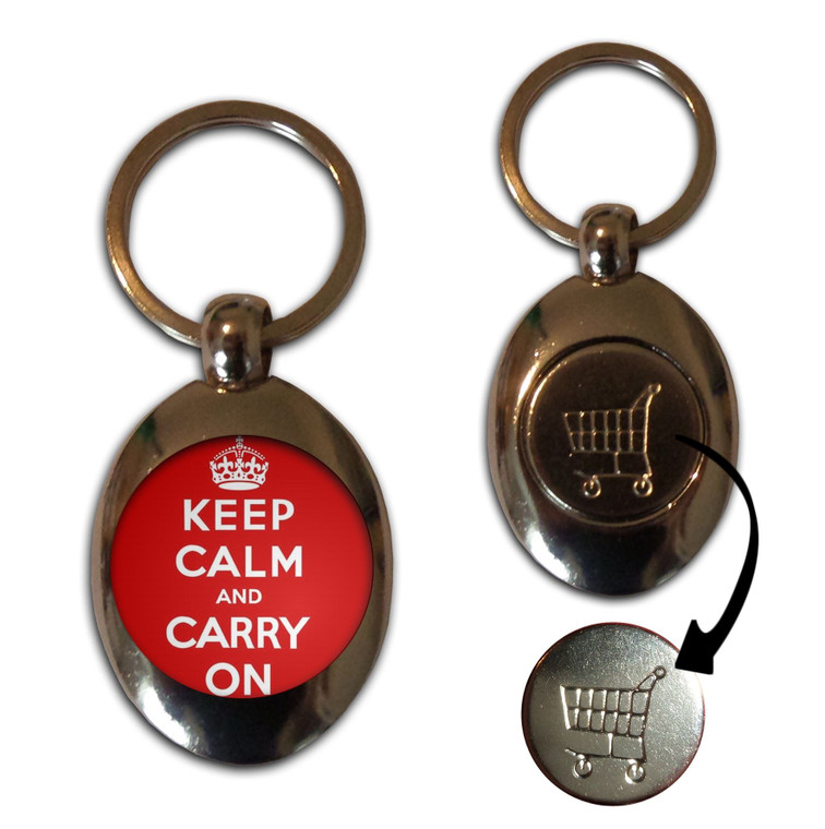 Red Keep Calm and Carry On - Silver £1/€1 Shopping Key Ring