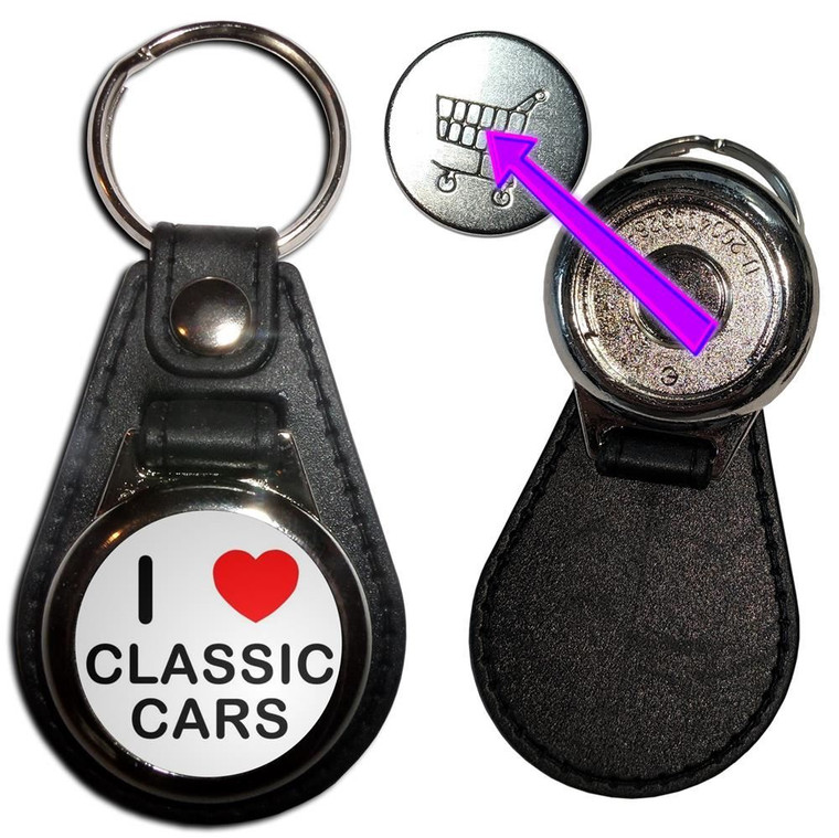 I Love Heart Classic Cars - Hidden £1/€1 Shopping Token Medallion Key Ring