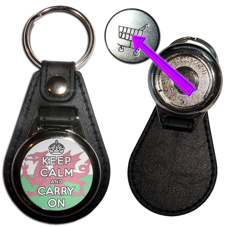 Wales Flag Keep Calm and Carry On - Hidden £1/€1 Shopping Token Medallion Key Ring