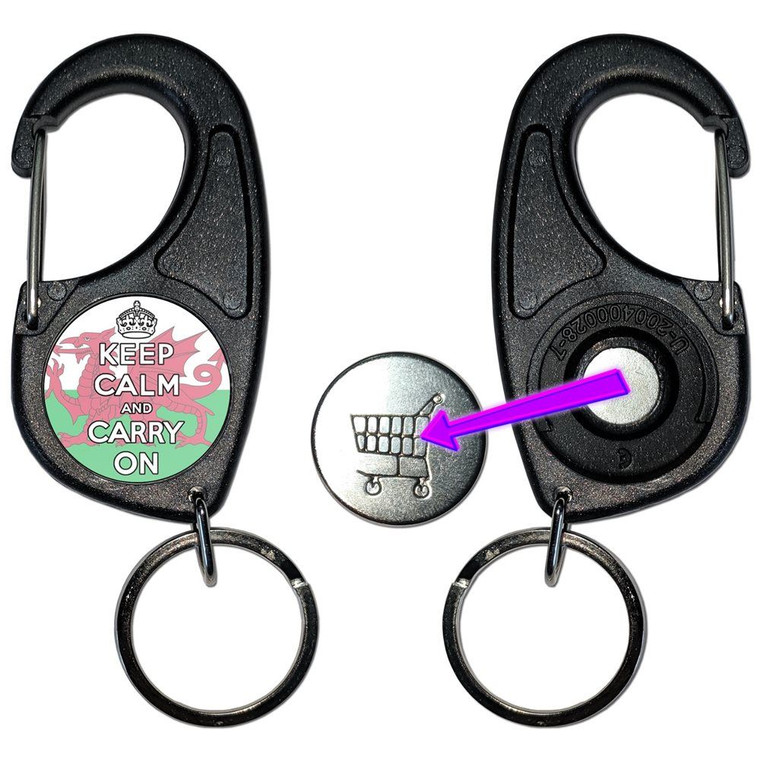 Wales Flag Keep Calm and Carry On - Carabiner £1/€1 Shopping token Key Ring
