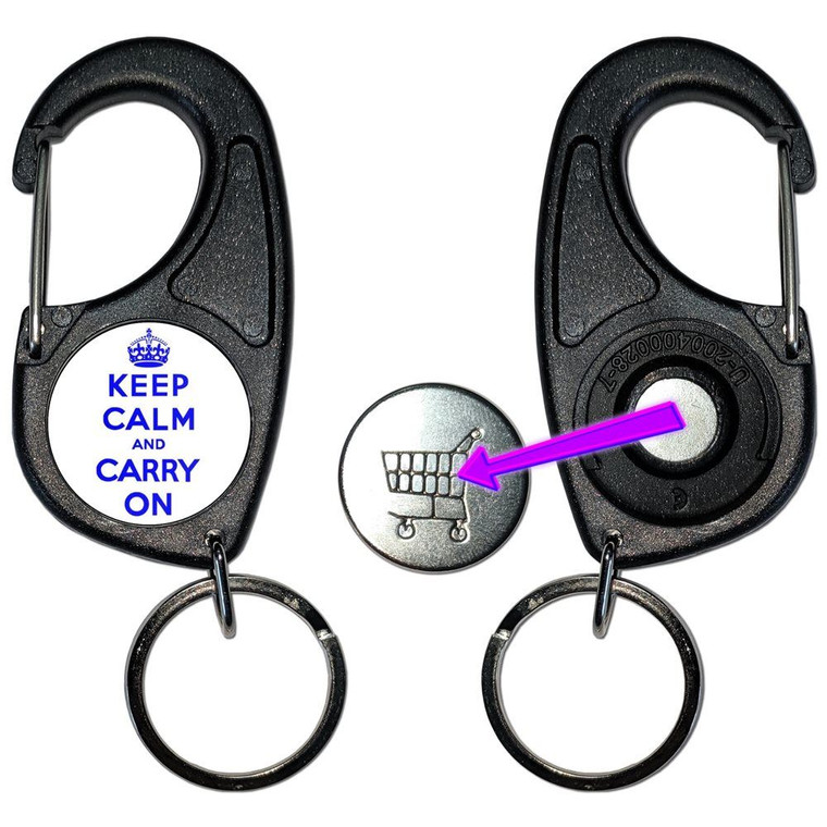 White Blue Keep Calm and Carry On - Carabiner £1/€1 Shopping token Key Ring