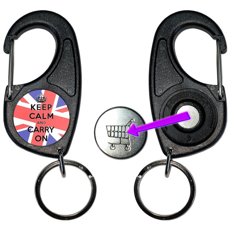 UK Keep Calm and Carry On - Carabiner £1/€1 Shopping token Key Ring