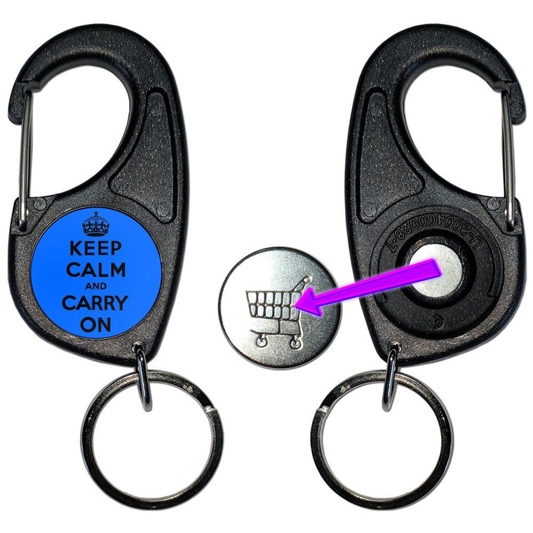 Blue Keep Calm and Carry On - Carabiner £1/€1 Shopping token Key Ring