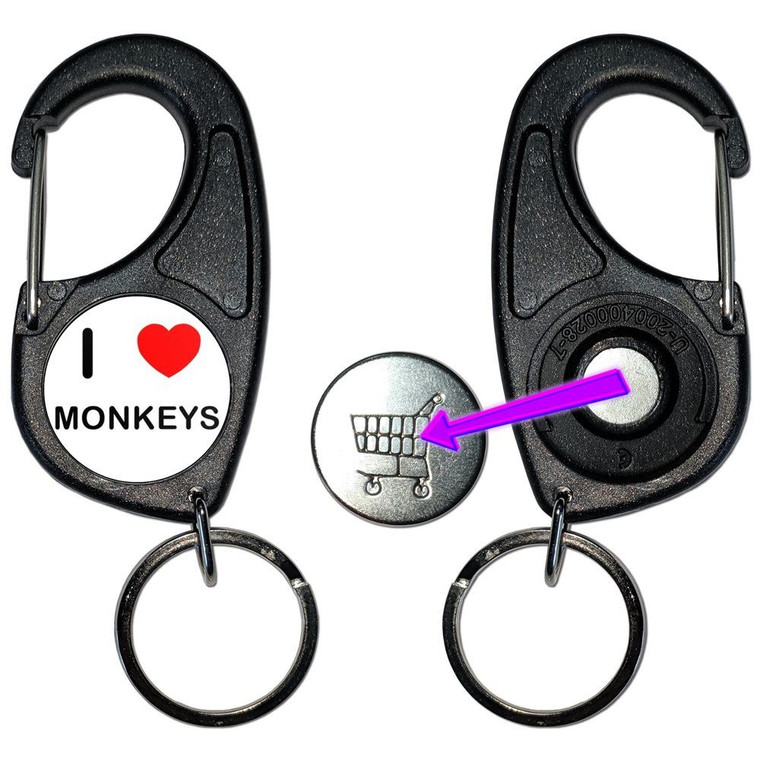 I Love Heart Monkeys - Carabiner £1/€1 Shopping token Key Ring
