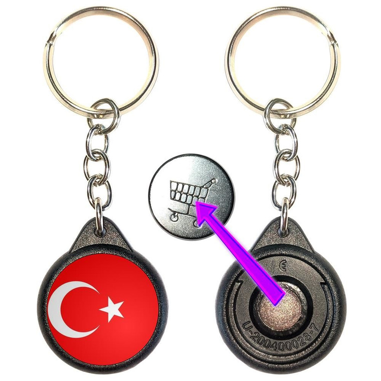 Turkey Flag - Round Black Plastic £1/€1 Shopping Key Ring