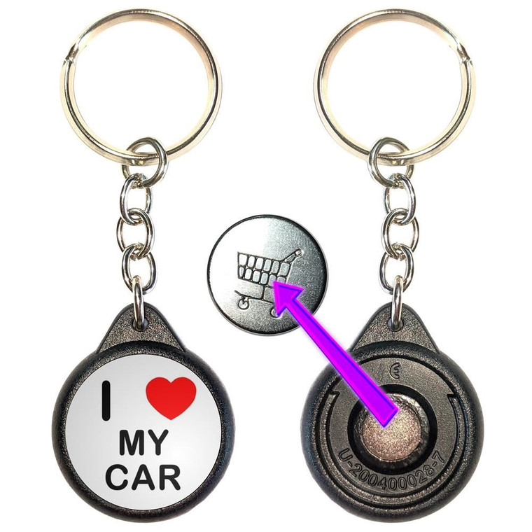 I Love Heart My Car - Round Black Plastic £1/€1 Shopping Key Ring