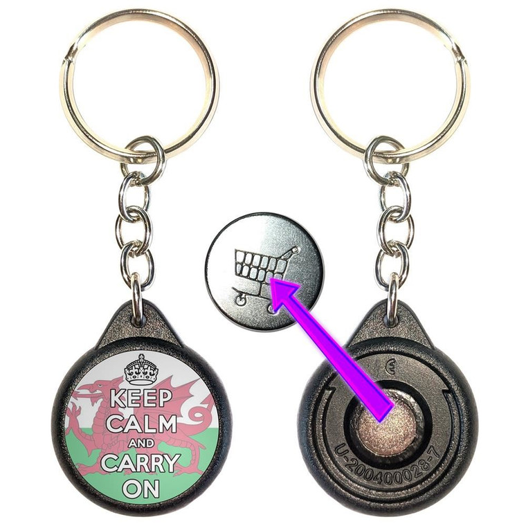 Wales Flag Keep Calm and Carry On - Round Black Plastic £1/€1 Shopping Key Ring