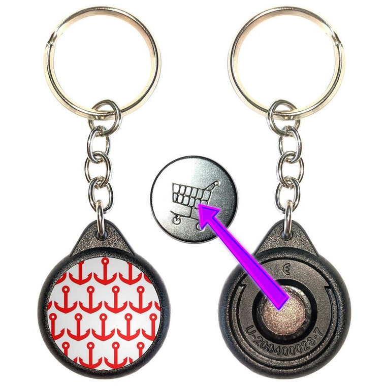 Anchor Red Pattern - Round Black Plastic £1/€1 Shopping Key Ring