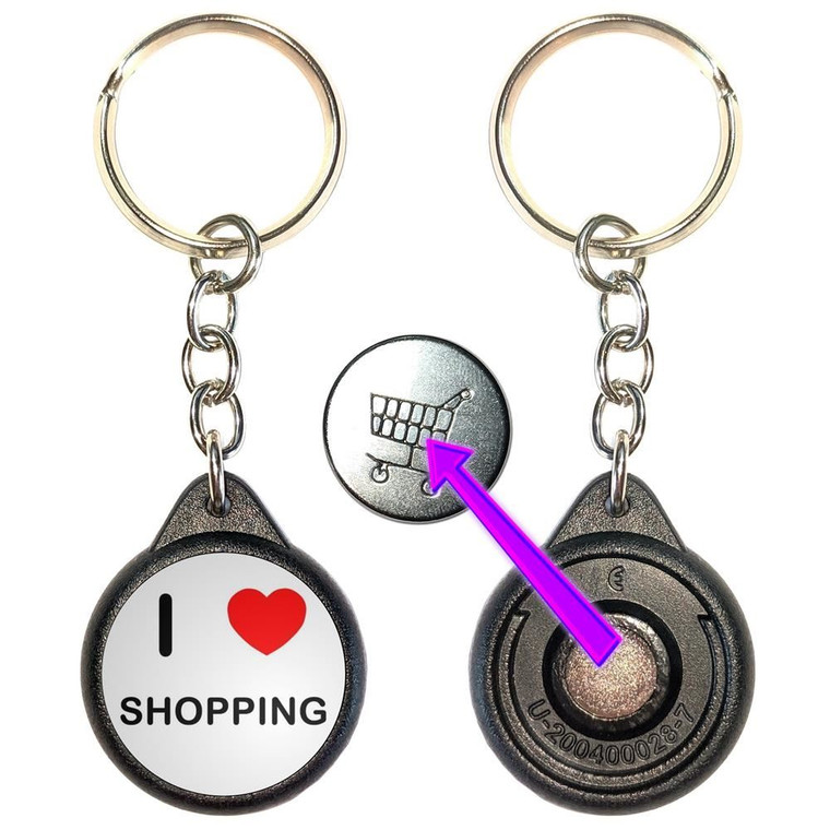 I Love Heart Shopping - Round Black Plastic £1/€1 Shopping Key Ring