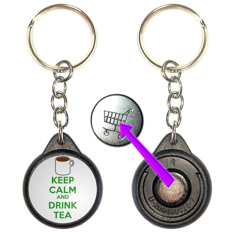 Keep Calm and Drink Tea - Round Black Plastic £1/€1 Shopping Key Ring