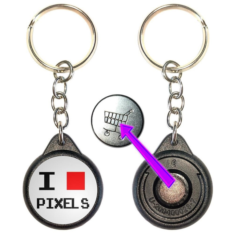 Pixel Love - Round Black Plastic £1/€1 Shopping Key Ring