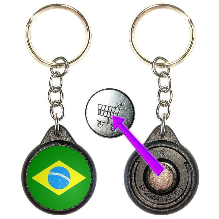 Brazil Flag - Round Black Plastic £1/€1 Shopping Key Ring