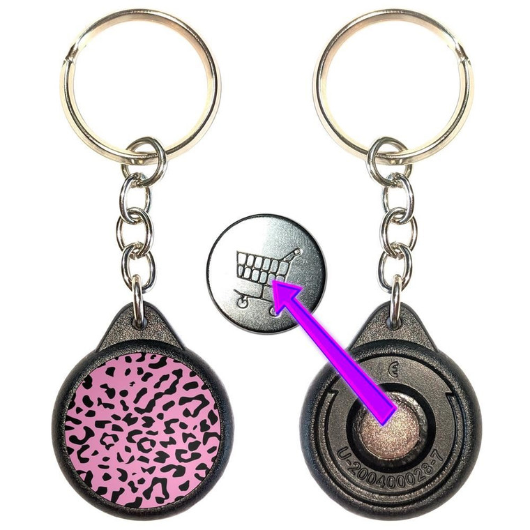 Pink Leopard Print - Round Black Plastic £1/€1 Shopping Key Ring