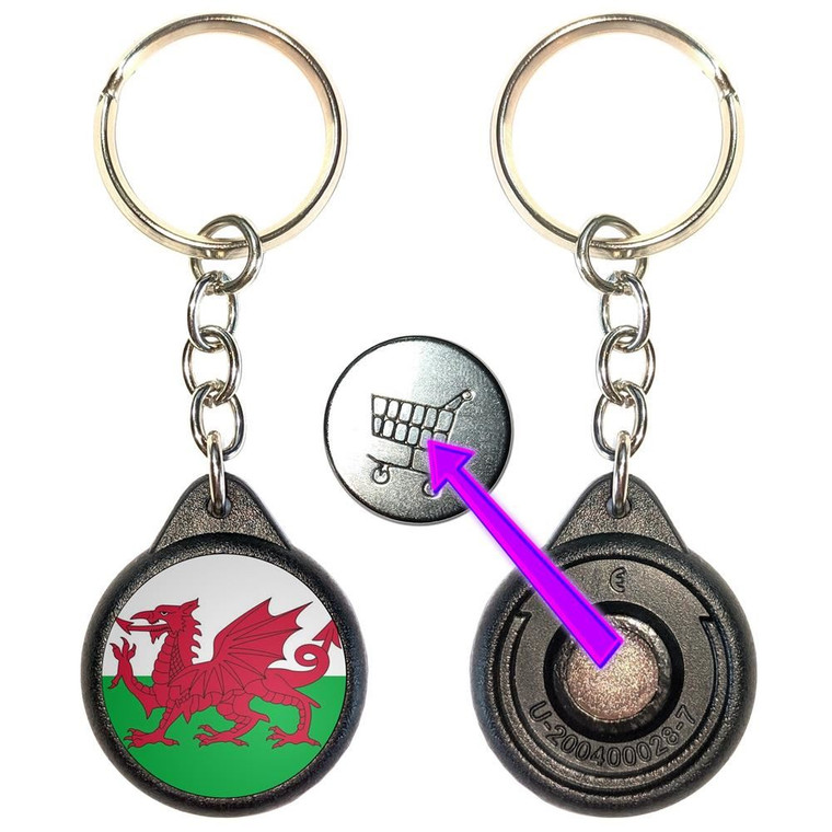 Wales Flag - Round Black Plastic £1/€1 Shopping Key Ring