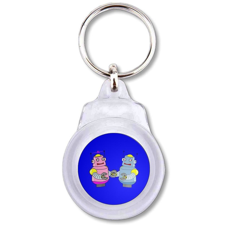 Blue Robot Couple - Round Plastic Key Ring