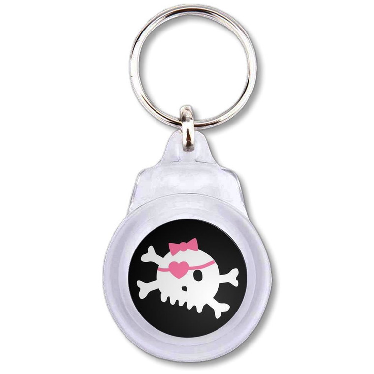 Black Skull with Bow - Round Plastic Key Ring