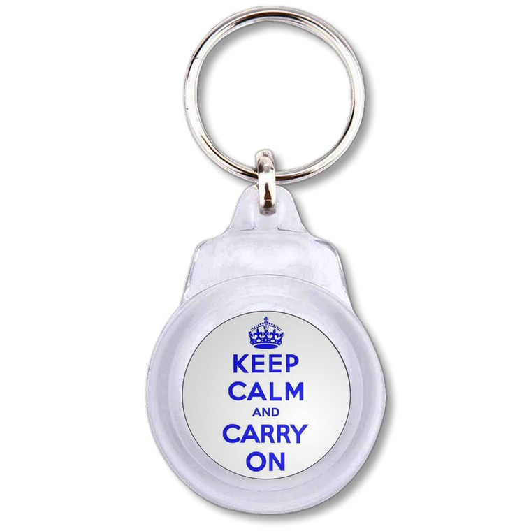 White Blue Keep Calm and Carry On - Round Plastic Key Ring