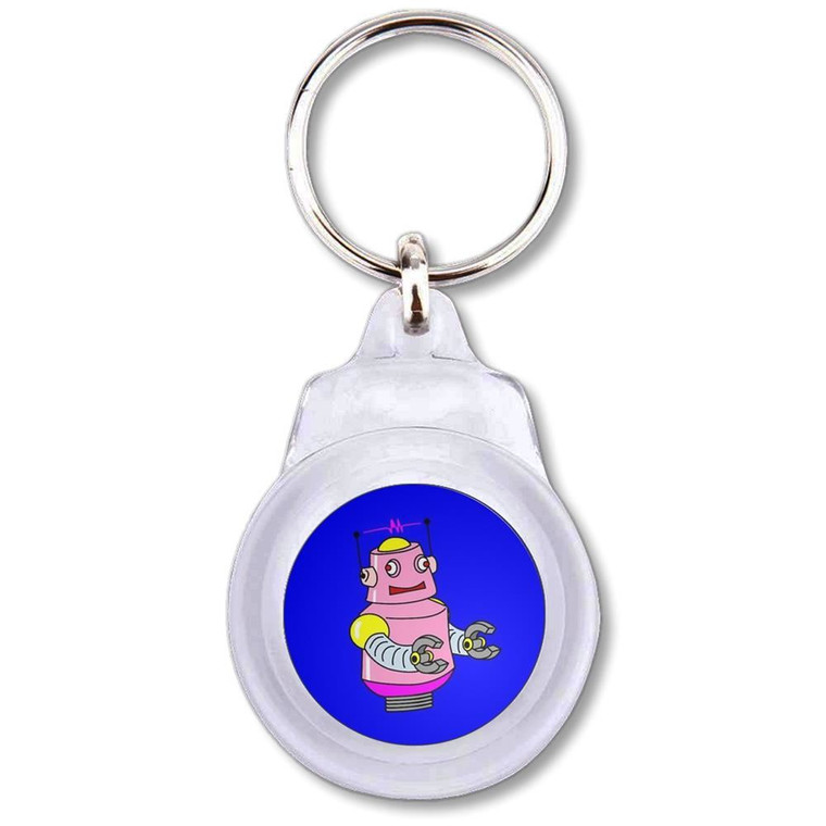 Blue Girl Robot - Round Plastic Key Ring