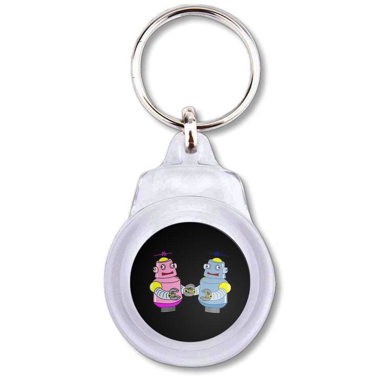 Black Robot Couple - Round Plastic Key Ring