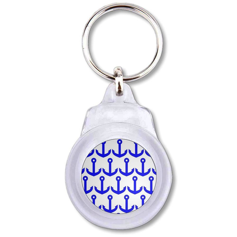 Anchor Blue Pattern - Round Plastic Key Ring